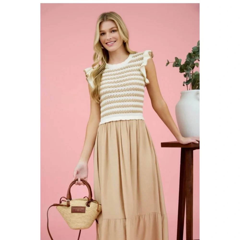 Elegant Cream and Tan Dress - Picture 5 of 7